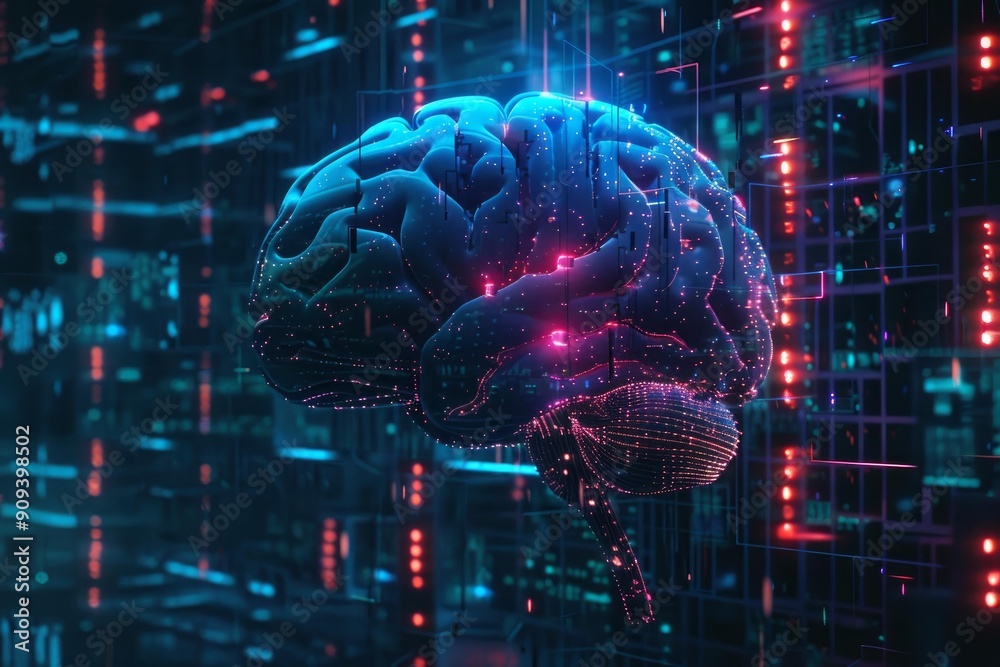 Poster digital brain made of particles is processing data in a complex structure of connections