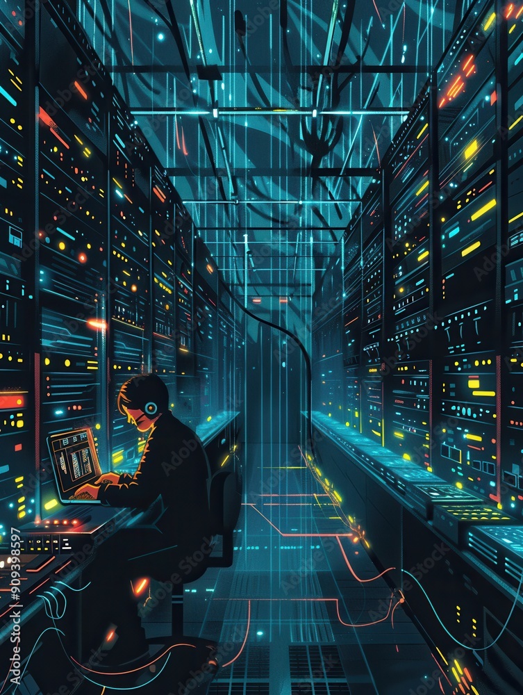 Aufkleber a hacker intensely focuses on a computer screen in a dark server room filled with glowing data panel