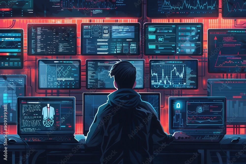 Poster A hacker sits in a dimly lit room, focused on multiple screens displaying complex data and analytics, immersed in late-night cybersecurity activities. Generative AI