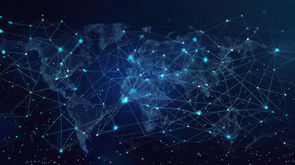 World map with interconnected lines and nodes, illustrating global business network in a vector style