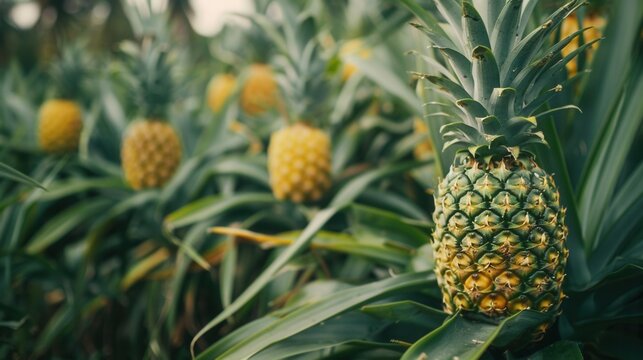 Fresh pineapple fruit growing in plantation field in farm