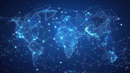 Vector illustration of a world map with connected points and lines, representing global network connection in business