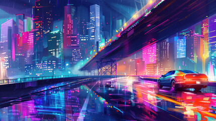 Fototapeta premium Urban night scene with a car driving under a bridge, surrounded by colorful city lights