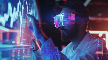 Obraz premium Trader using holographic technology to present stock market growth and business progress
