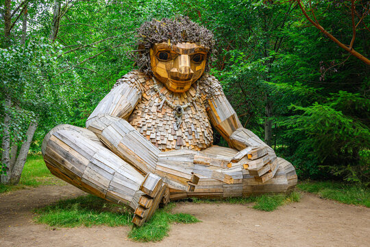 Bainbridge Island, WA, USA - July 15, 2024; Full view of Pia the Peacekeeper artistic troll by Thomas Dambo