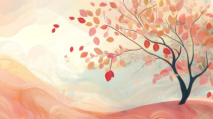 whimsical illustration of an autumn tree with falling leaves set against a soft pastel background with gentle waves and warm colors Abstract wallpaper 