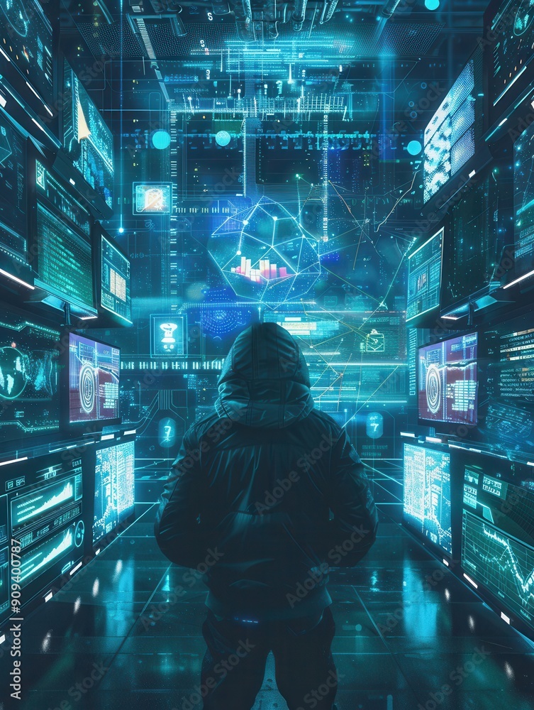 Aufkleber a hacker analyzes complex data on glowing screens in a dark, futuristic workspace filled with techno