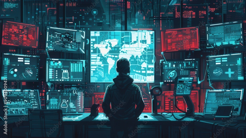 Aufkleber a skilled hacker analyzes data and control systems in a dark environment filled with glowing monitor