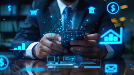 Professional using a mobile phone to manage business finances, with digital banking icons floating around
