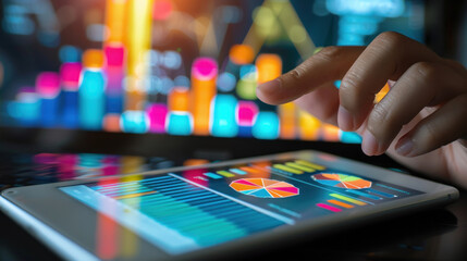 Professional using a mobile device for business analytics, with big data visuals and financial graphs