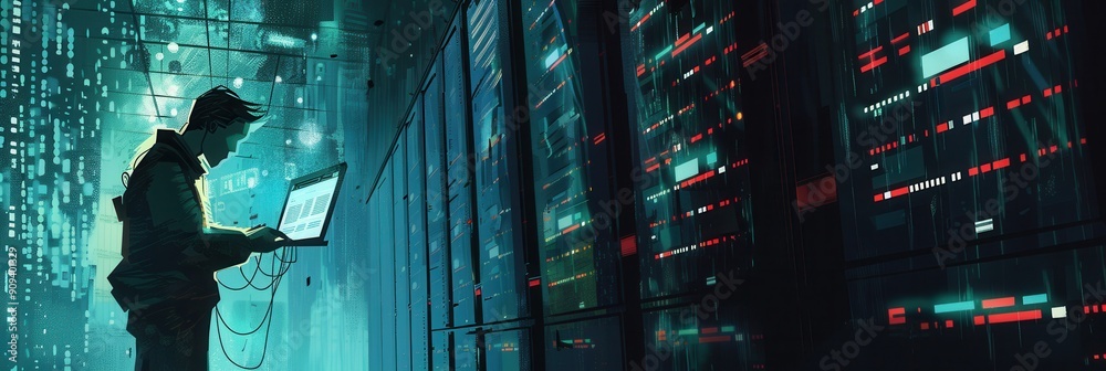 Leinwandbilder a lone hacker works intently on a laptop surrounded by glowing server racks in a dimly lit environme