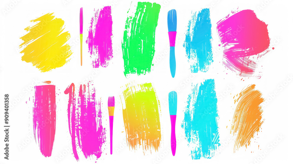 Sticker vibrant grunge neon paint strokes and brushes on white background