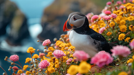 The Atlantic Puffins, members of the auk family, are seabirds also known as Common Puffins. Beautiful extreme close-up.