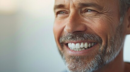 Naklejka premium Close-up of a smiling middle-aged man with a gray beard, exuding warmth and happiness.
