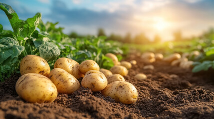 fresh organic potatoes harvested on sunny farm field