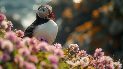 The Atlantic Puffins, members of the auk family, are seabirds also known as Common Puffins. Beautiful extreme close-up.