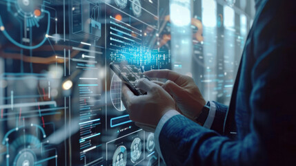 Executive accessing business applications on a mobile phone, with futuristic digital interface elements