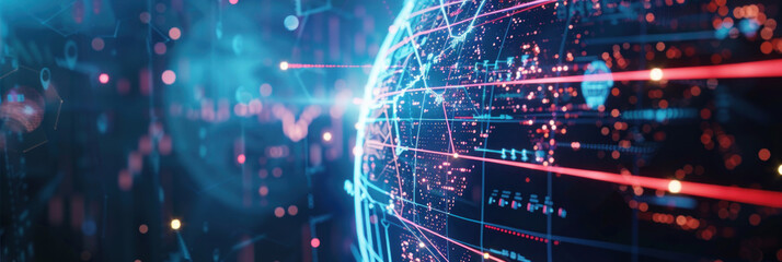 Digital technology concept with global business network, showcasing data processing, cloud computing, and blockchain management