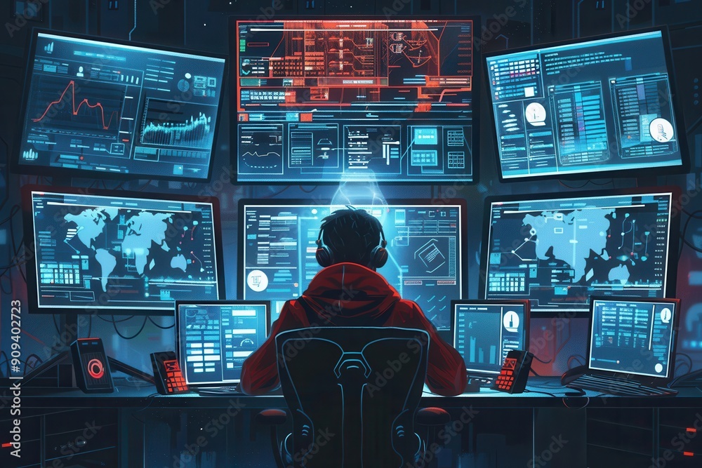 Aufkleber a hacker analyzes data and monitors multiple screens filled with code and statistics in a dark room,