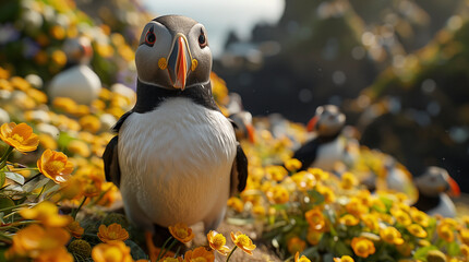 The Atlantic Puffins, members of the auk family, are seabirds also known as Common Puffins. Beautiful extreme close-up.