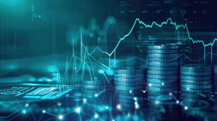Digital graph showing business growth and a stack of coins, symbolizing successful asset management