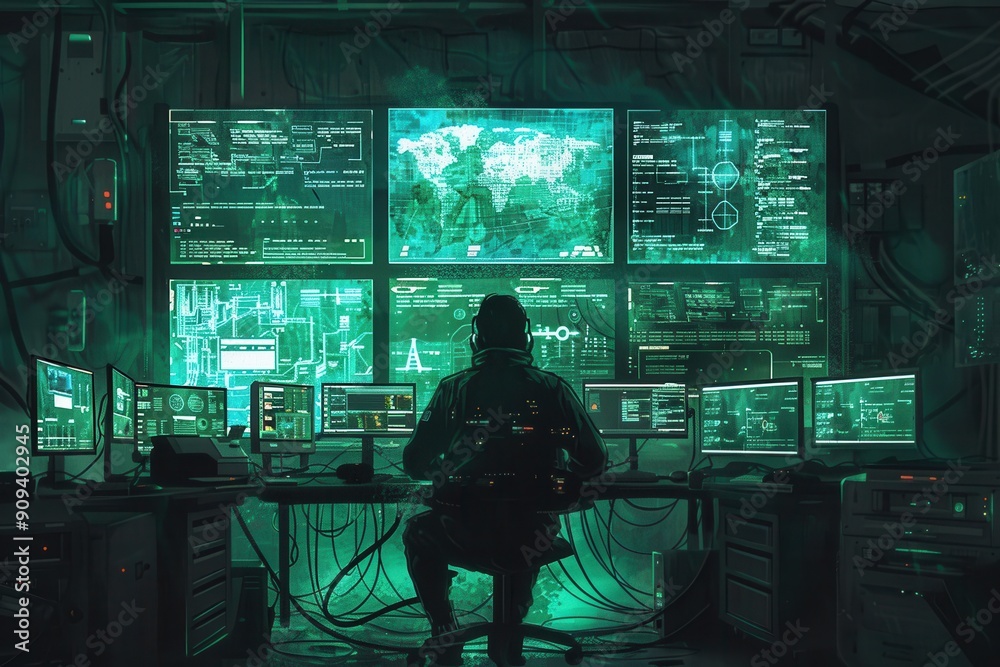 Aufkleber A hacker concentrates at a desk in a dimly lit room, surrounded by glowing computer screens displaying data and maps during late hours. Generative AI