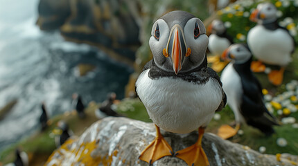 The Atlantic Puffins, members of the auk family, are seabirds also known as Common Puffins. Beautiful extreme close-up.