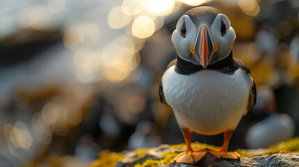 The Atlantic Puffins, members of the auk family, are seabirds also known as Common Puffins. Beautiful extreme close-up.