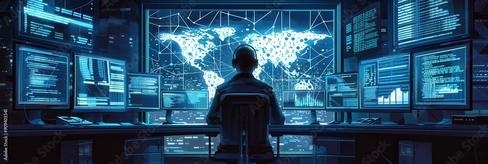 Aufkleber a hacker focuses intently on multiple computer screens, analyzing data and monitoring networks in a 