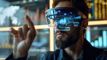 Businessman using augmented reality to assess company performance, with positive financial indicators for 2024