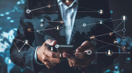 Businessman using a smartphone for internet banking, with digital tech icons and a world map overlay