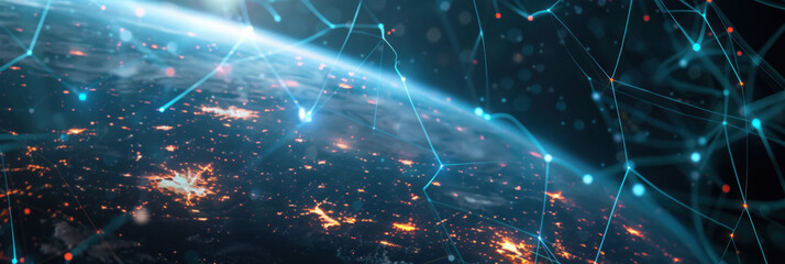 Digital technology concept with global business network, showcasing data processing, cloud computing, and blockchain management