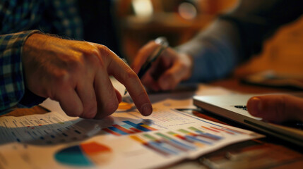 Close-up of hands pointing at a marketing analysis report during a real estate business meeting