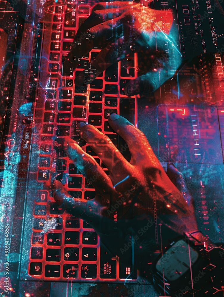 Poster a hacker types rapidly on a keyboard while digital symbols and codes float around, creating a tech-f