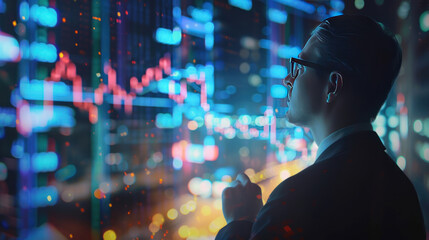 Businessman analyzing stock market data through virtual holograms, planning for business growth and financial success