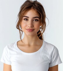 Fototapeta premium Smiling young woman with light brown hair wearing a white shirt against a plain background.