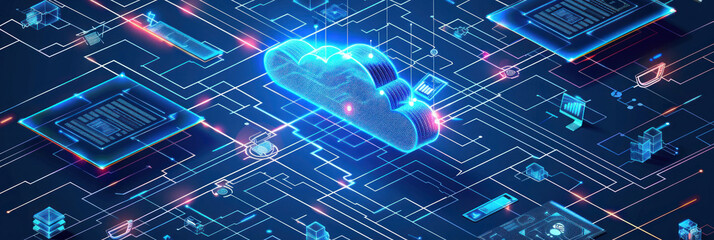 Business intelligence setup with cloud computing, blockchain technology, and global data exchange visualizations