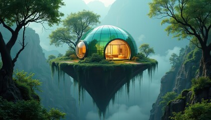 Floating Dome House in a Mountain Valley.