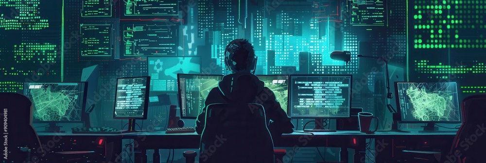 Aufkleber A hacker focuses intently on multiple computer screens, illuminated by the glow of code and data in a dimly lit room during late hours. Generative AI