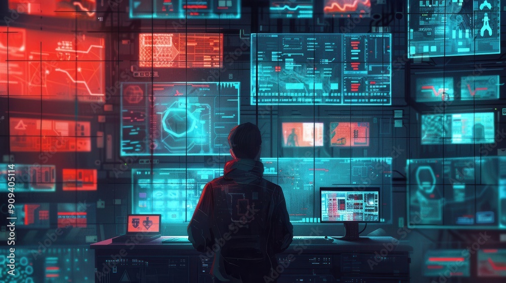 Aufkleber a hacker monitors various cybersecurity dashboards, analyzing data on multiple screens in a dimly li