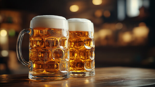 Two Beer Mugs Filled with Frothy Beer on Wooden Table in Cozy Pub for Celebratory and Social Gathering Themes