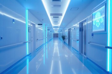 Fototapeta premium futuristic hospital corridor with holographic medical displays soft blue lighting sleek design advanced medical technology visible