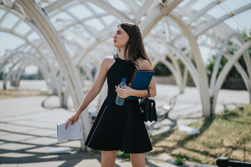 Obraz premium Young businesswoman in a black dress holding documents and water bottle in a modern architectural setting. Professional and confident.