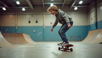 Young Boy Skateboarding in Indoor Skate Park. - Powered by Adobe