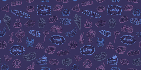 Pattern design with desserts and baked goods graphic symbols, doodle style hand drawn seamless background