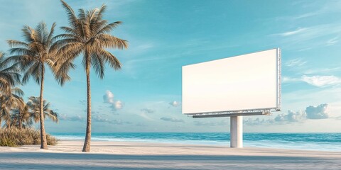 Empty space for advertise, blank big billboard on the beach with palm trees and clear sea water 