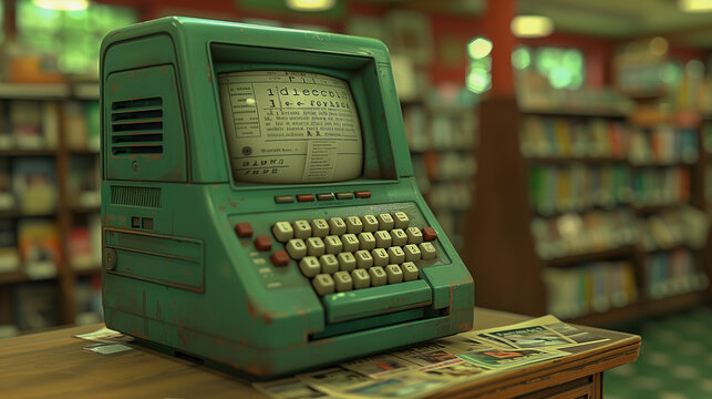 Vintage Computer Terminal in a Retro Library Setting..