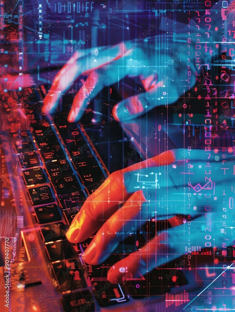 Poster hands rapidly type on a keyboard, surrounded by vibrant digital symbols and codes, reflecting an int