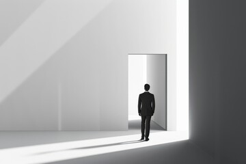 Obraz premium A lone businessman in a dark suit walks towards a bright open doorway, casting a long shadow on a minimalist white background.