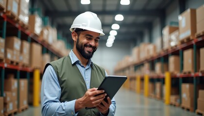 Happy Warehouse Worker Using Tablet.